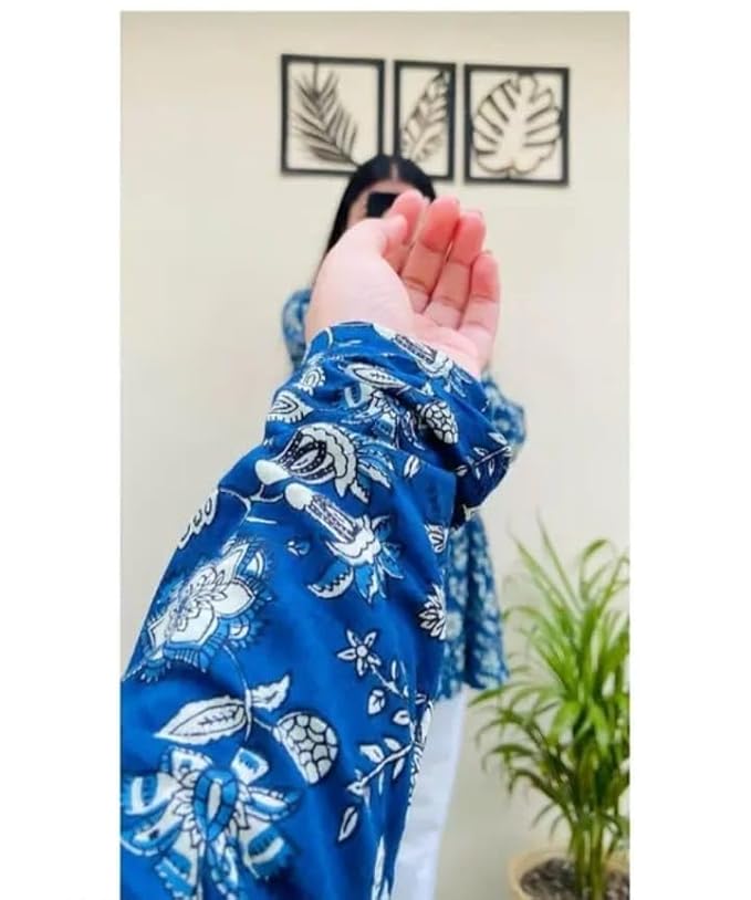 Floral Print Short Kurti for Womens, V-Neck, 3/4 Sleeve, Blue Tops, Flowy Style