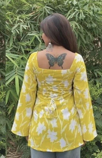 Cotton Printed Yellow Floral Tunic Top with Bell Sleeves, Square Neck, Back Lace-Up Detail