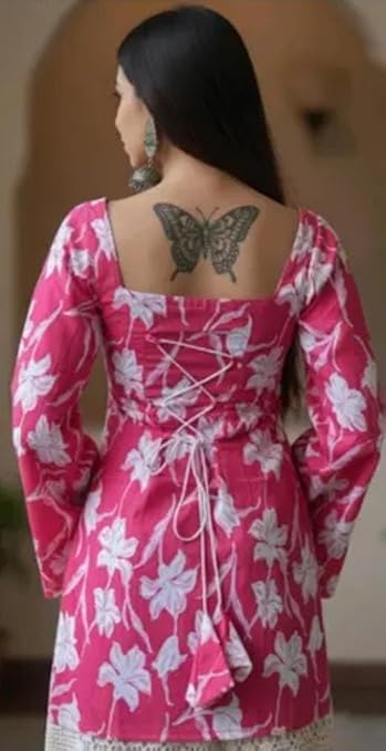 Women's Corsetback Kurti,Purple and White Floral Print, Long Sleeve, Rayon, Traditional Indian Style