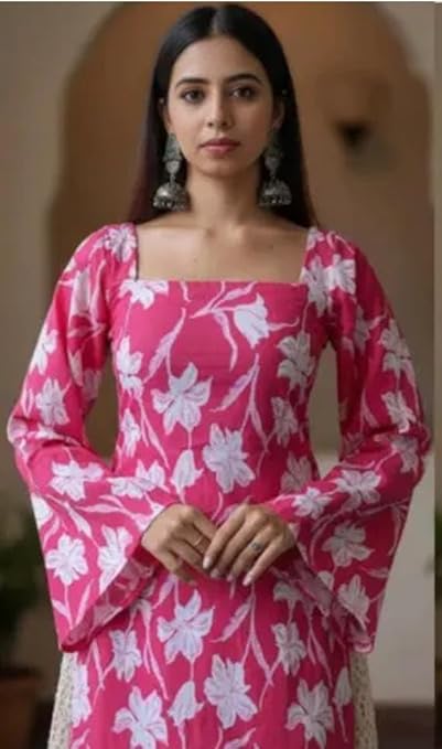 Women's Corsetback Kurti,Purple and White Floral Print, Long Sleeve, Rayon, Traditional Indian Style