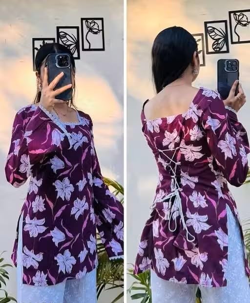 Women's Floral Print Kurti, Long Sleeve, Square Neck, Cotton Blend
