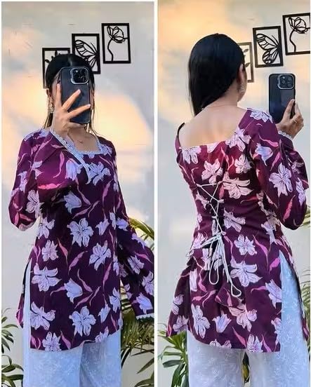 Women's Floral Print Kurti, Long Sleeve, Square Neck, Cotton Blend
