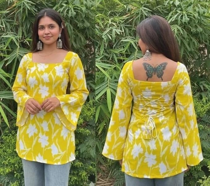 Cotton Printed Yellow Floral Tunic Top with Bell Sleeves, Square Neck, Back Lace-Up Detail
