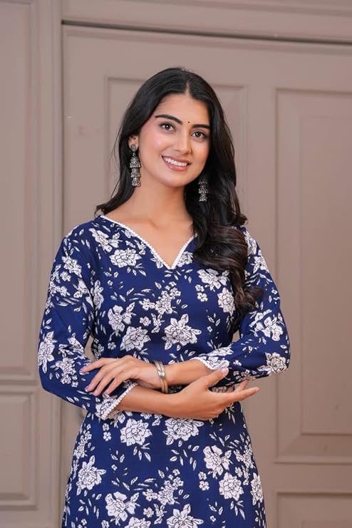 Women's Floral Print V-Neck Straight Kurta, Kurta and White Bottomwear, 3/4 Sleeve, Viscose Rayon, Set