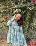 New Printed Short Blue Full Sleeves Top for Women
