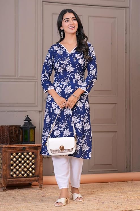Women's Floral Print V-Neck Straight Kurta, Kurta and White Bottomwear, 3/4 Sleeve, Viscose Rayon, Set