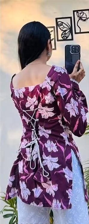 Women's Floral Print Kurti, Long Sleeve, Square Neck, Cotton Blend