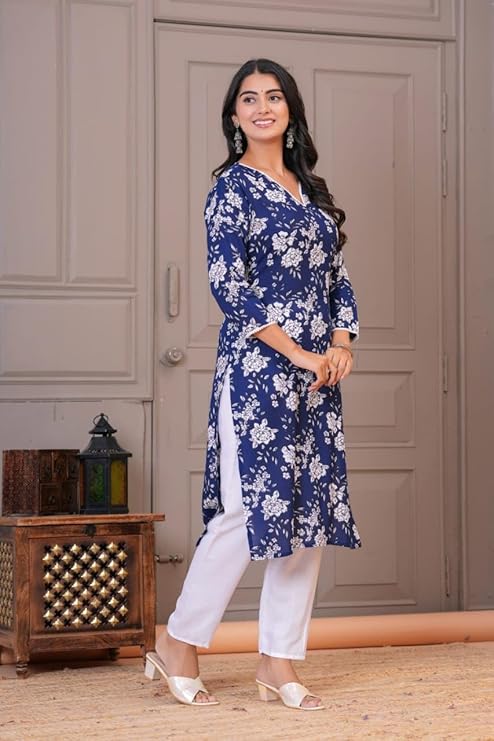 Women's Floral Print V-Neck Straight Kurta, Kurta and White Bottomwear, 3/4 Sleeve, Viscose Rayon, Set
