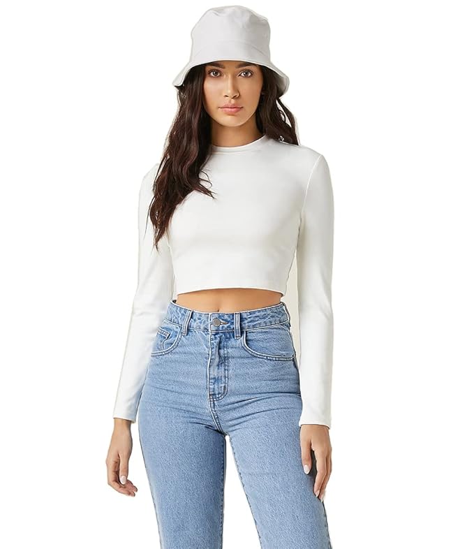 Women's 100% Cotton Slim Fit  Solid Full Sleeve Crop Top