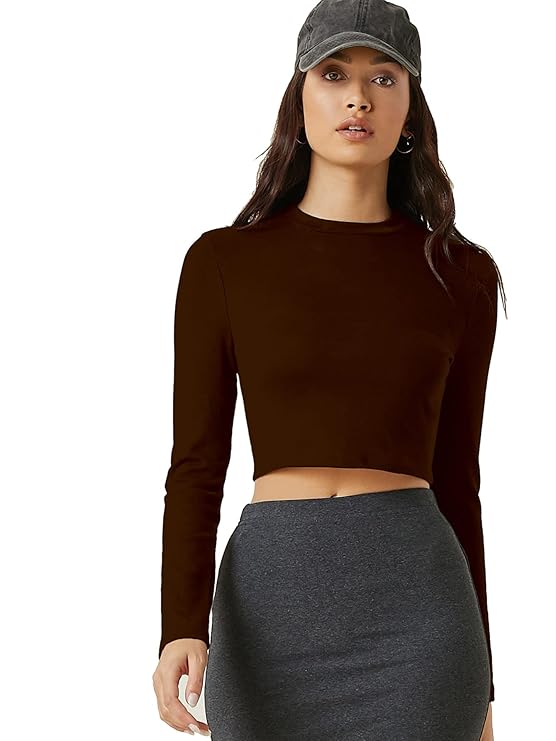 Women's 100% Cotton Slim Fit  Solid Full Sleeve Crop Top