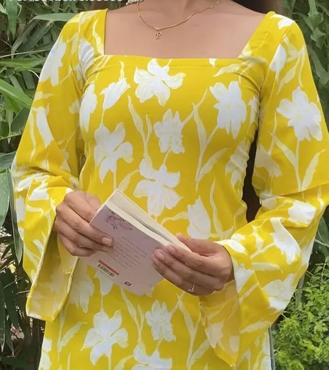 Cotton Printed Yellow Floral Tunic Top with Bell Sleeves, Square Neck, Back Lace-Up Detail