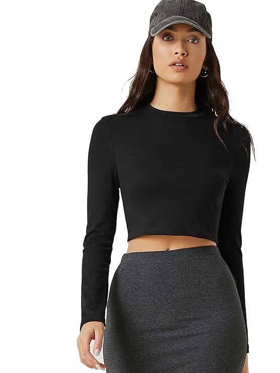 Women's 100% Cotton Slim Fit  Solid Full Sleeve Crop Top