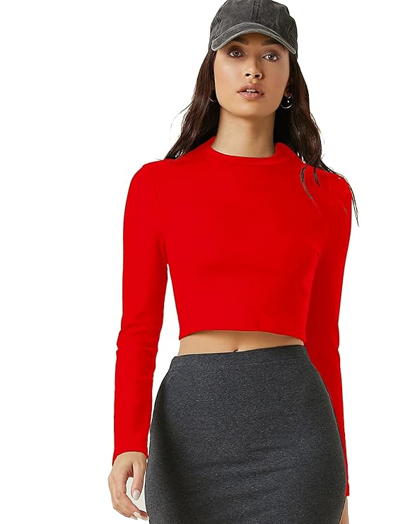 Women's 100% Cotton Slim Fit  Solid Full Sleeve Crop Top