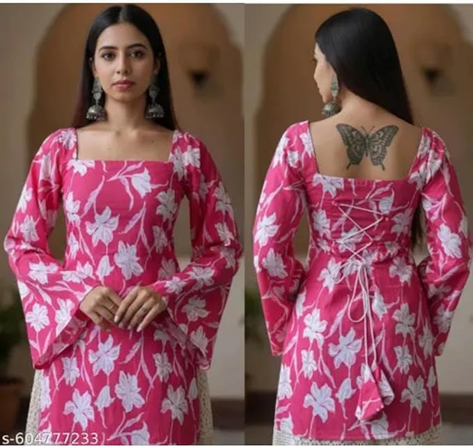 Women's Corsetback Kurti,Purple and White Floral Print, Long Sleeve, Rayon, Traditional Indian Style