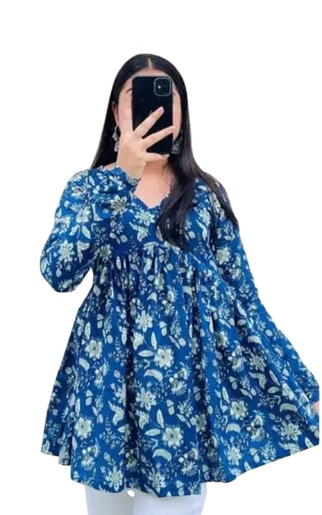 Floral Print Short Kurti for Womens, V-Neck, 3/4 Sleeve, Blue Tops, Flowy Style