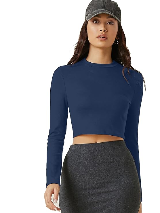 Women's 100% Cotton Slim Fit  Solid Full Sleeve Crop Top