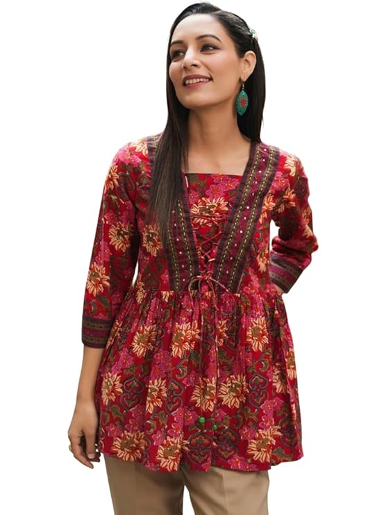 Women's Rayon Paisley Printed Tunic Western Tops Short Kurti – Comfortable Everyday Wear & Half Sleeves, Collar Neck