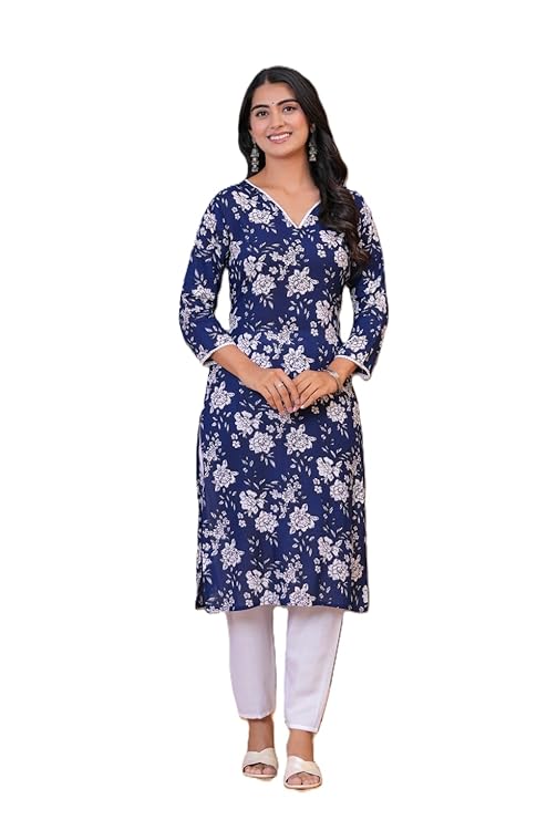 Women's Floral Print V-Neck Straight Kurta, Kurta and White Bottomwear, 3/4 Sleeve, Viscose Rayon, Set