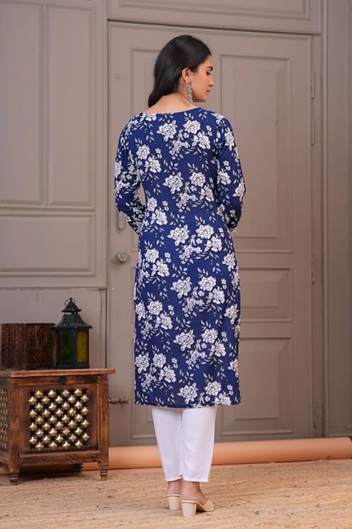 Women's Floral Print V-Neck Straight Kurta, Kurta and White Bottomwear, 3/4 Sleeve, Viscose Rayon, Set