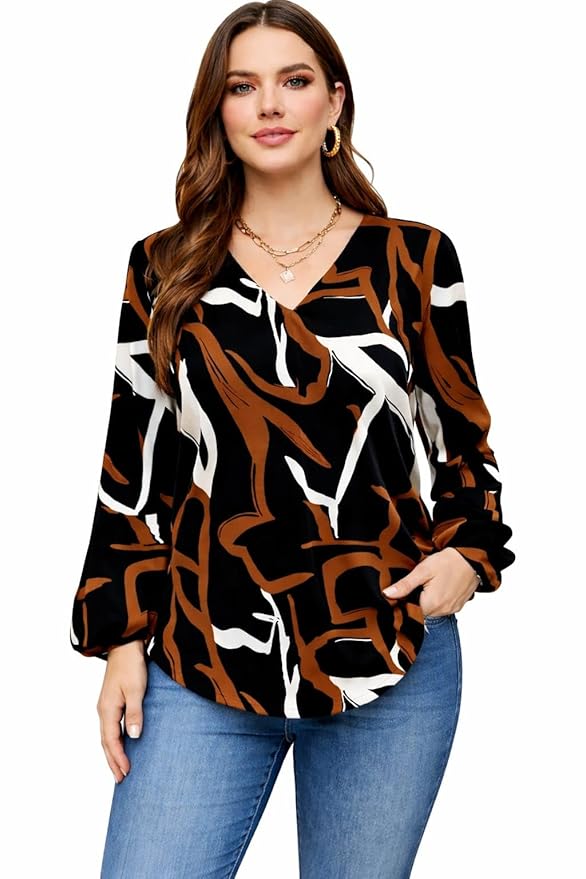 Cotton Abstract Print V-Neck Casual Top with Long Sleeves | Regular Fit Top for Girls and Women