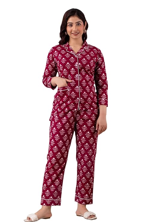 Women's  Cotton Printed Night Suit for Women | Nightwear Dress | Night Suit Set of Shirt & Pyjama |Top and Pyjama | Sleepwear Set