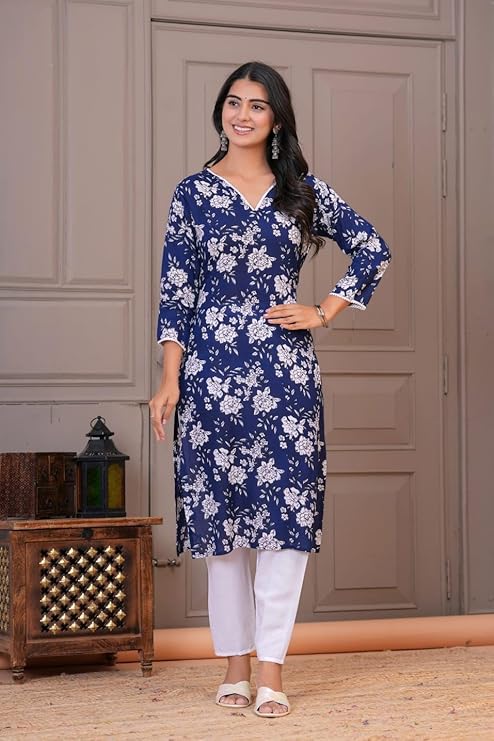 Women's Floral Print V-Neck Straight Kurta, Kurta and White Bottomwear, 3/4 Sleeve, Viscose Rayon, Set