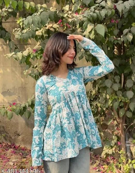 New Printed Short Blue Full Sleeves Top for Women