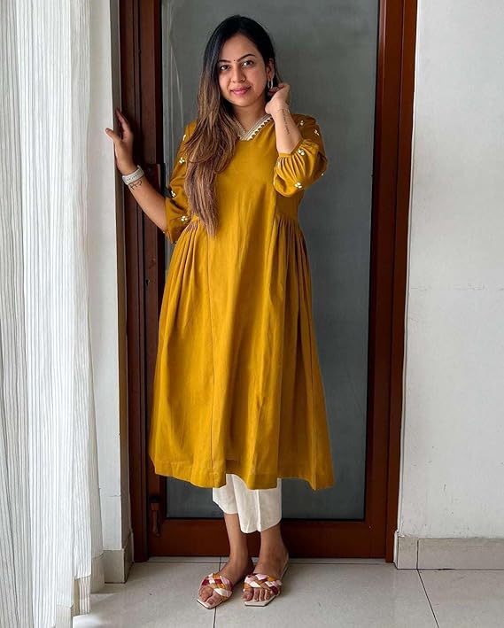 Women's Cotton Embroidered Anarkali Kurti with Pant