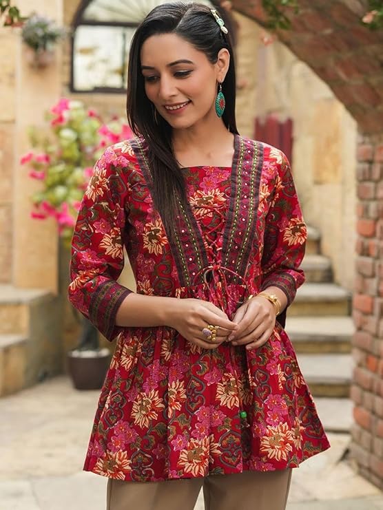 Women's Rayon Paisley Printed Tunic Western Tops Short Kurti – Comfortable Everyday Wear & Half Sleeves, Collar Neck