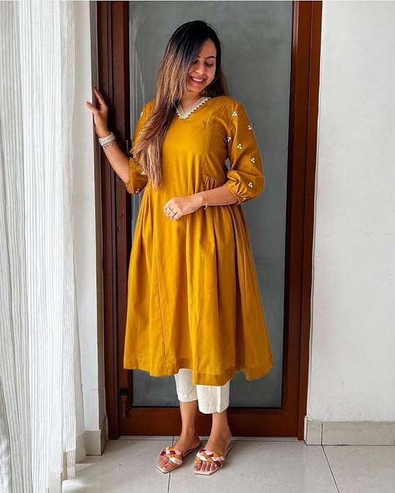 Women's Cotton Embroidered Anarkali Kurti with Pant