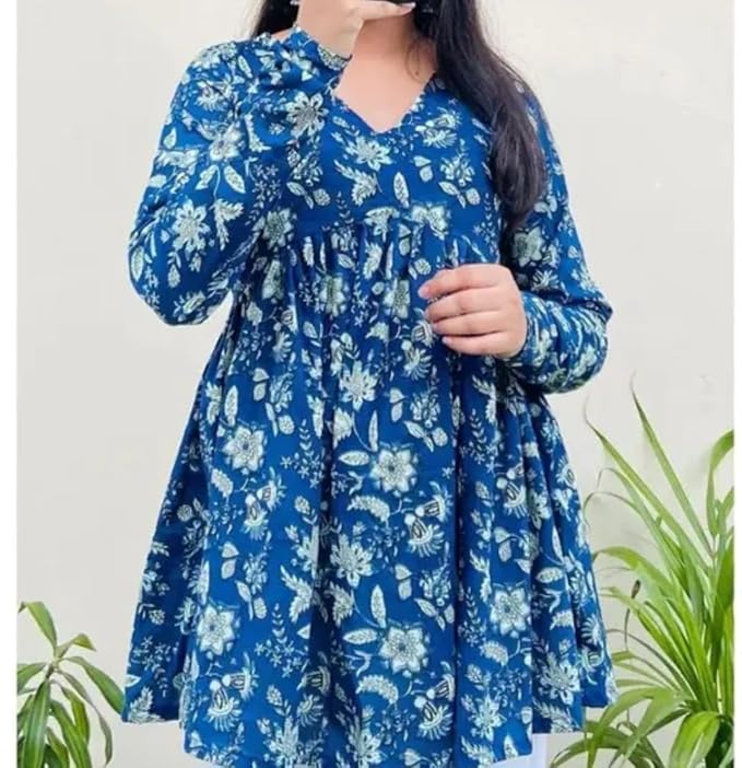 Floral Print Short Kurti for Womens, V-Neck, 3/4 Sleeve, Blue Tops, Flowy Style
