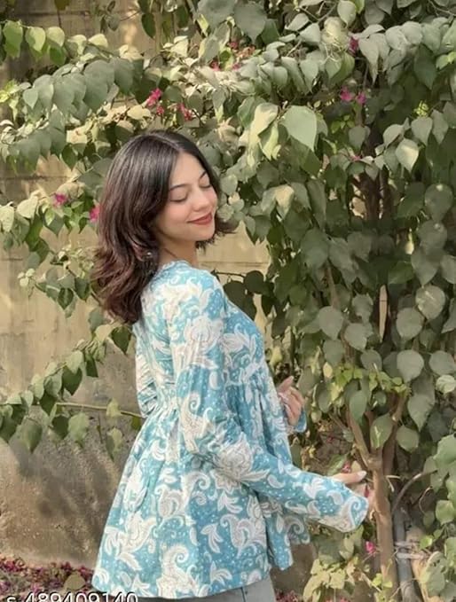 New Printed Short Blue Full Sleeves Top for Women