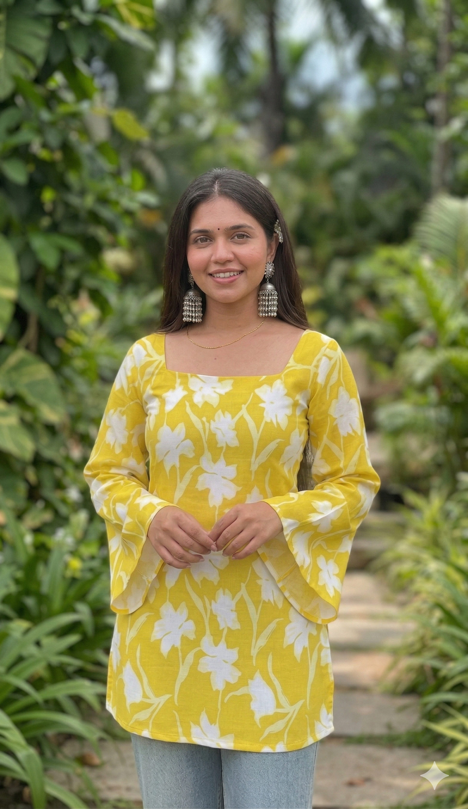 Cotton Printed Yellow Floral Tunic Top with Bell Sleeves, Square Neck, Back Lace-Up Detail