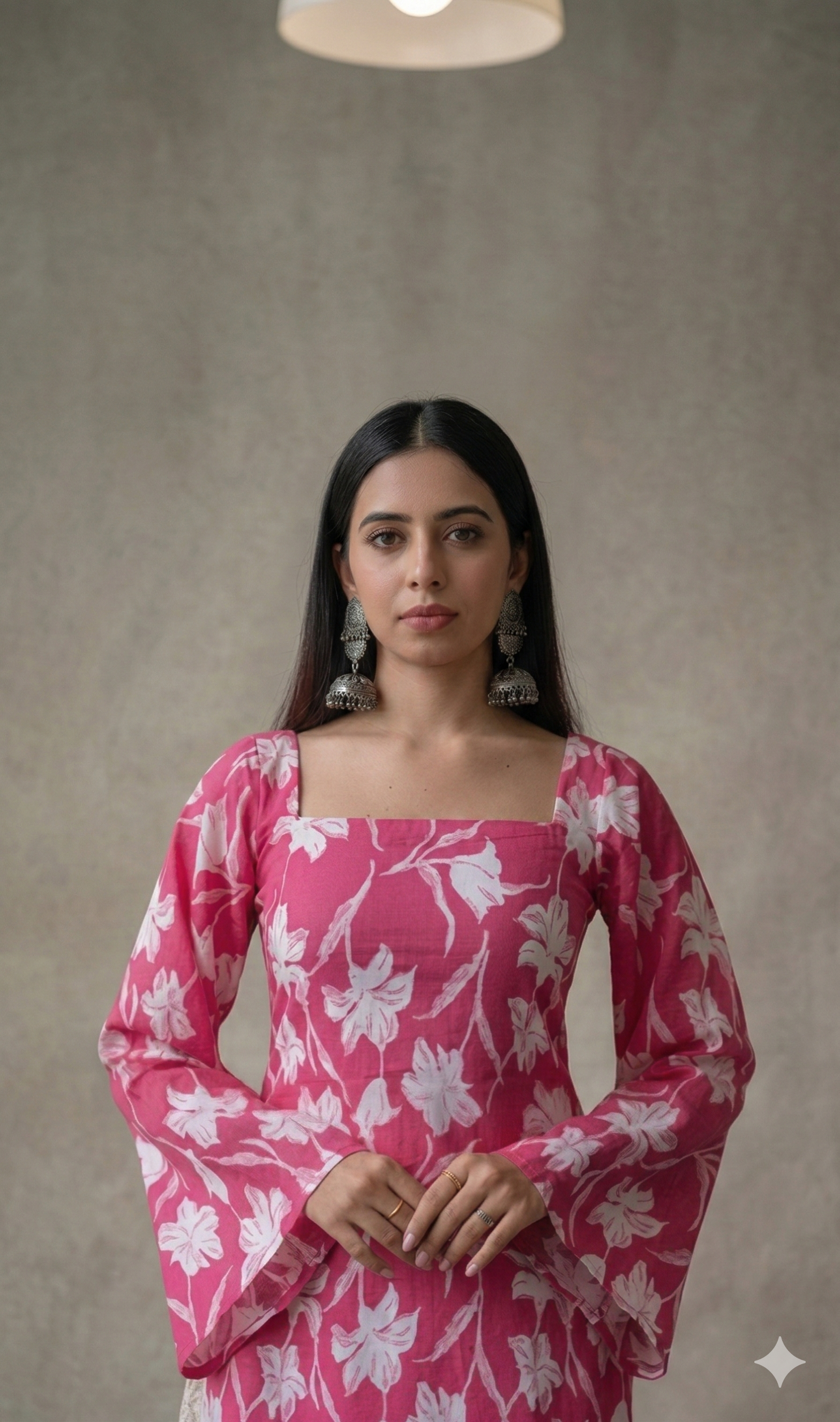 Women's Corsetback Kurti,Purple and White Floral Print, Long Sleeve, Rayon, Traditional Indian Style