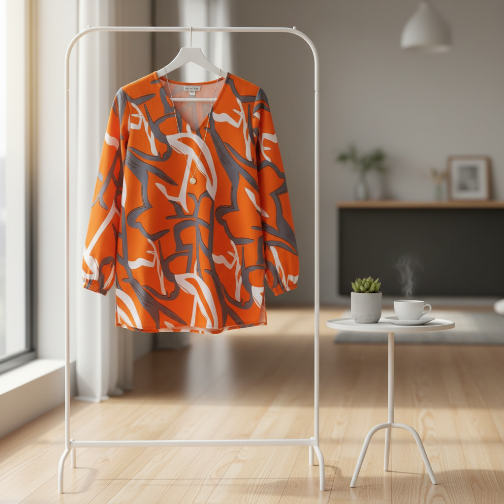 Cotton Abstract Print V-Neck Casual Top in Modern Setting