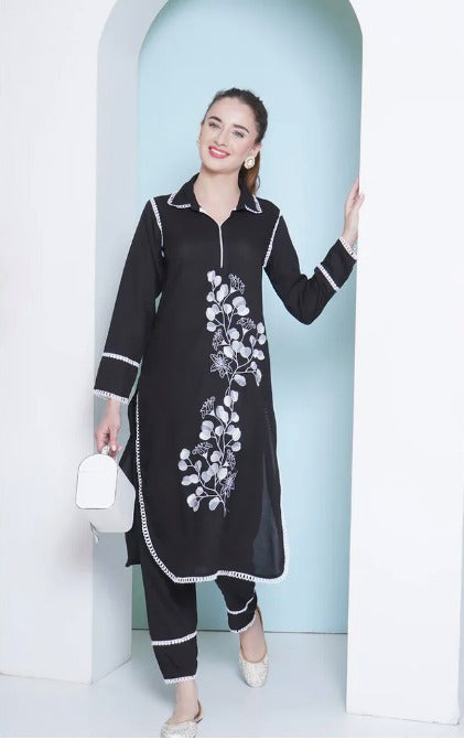 Women's Embroidered White and Black Kurta Set, Long Sleeves, Floral Design