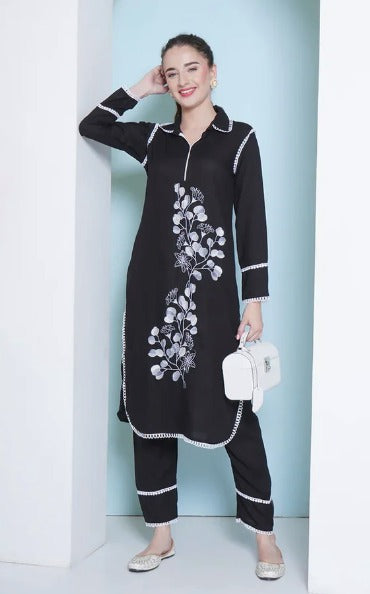 Women's Embroidered White and Black Kurta Set, Long Sleeves, Floral Design