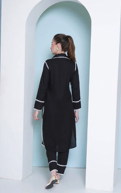 Women's Embroidered White and Black Kurta Set, Long Sleeves, Floral Design