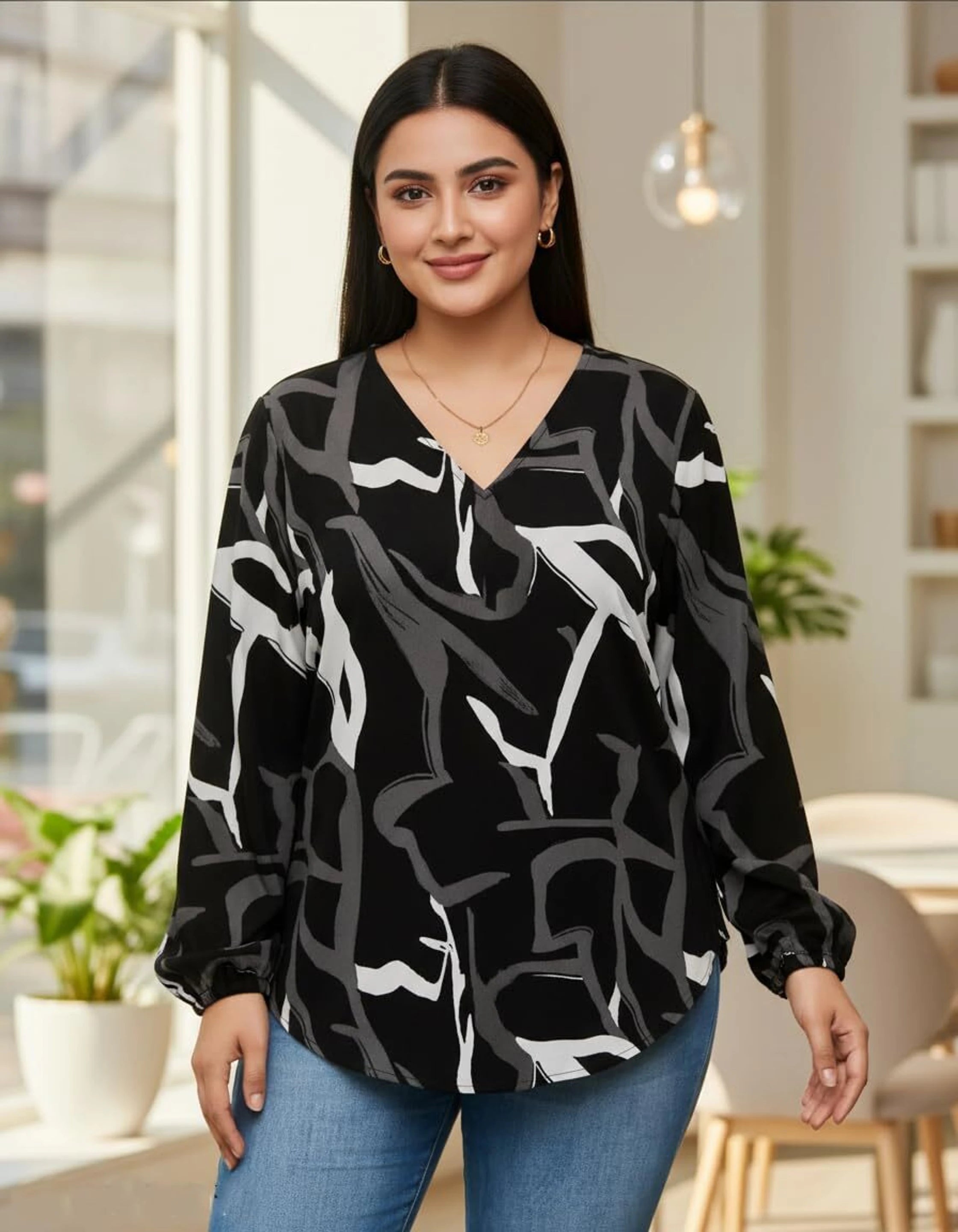 Cotton Abstract Print V-Neck Casual Top with Long Sleeves | Regular Fit Top for Girls and Women