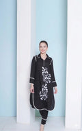 Women's Embroidered White and Black Kurta Set, Long Sleeves, Floral Design
