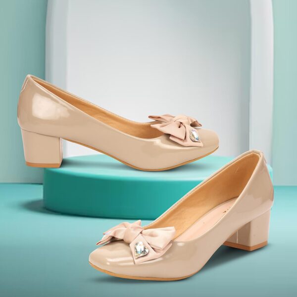 Simplex Women’s Block Heel Pumps with Bow & Crystal Embellishments – Elegant Party & Office Wear