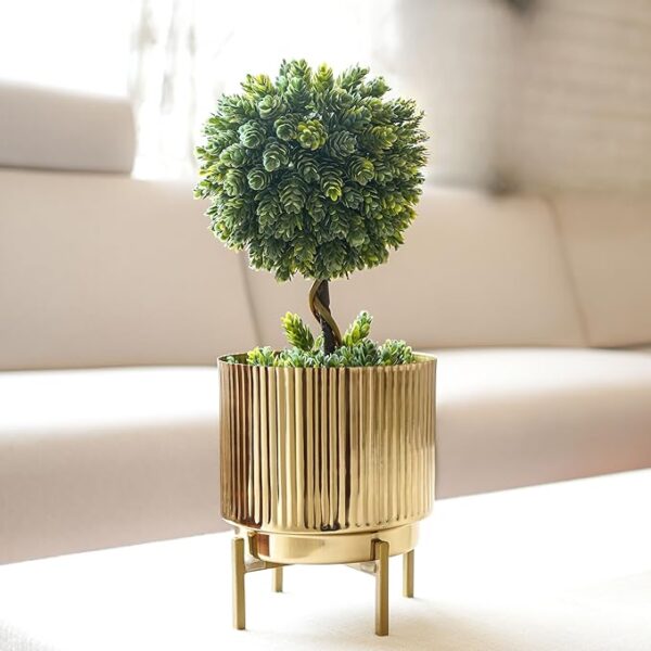 Fluted Metal Indoor Planter with Stand for Table